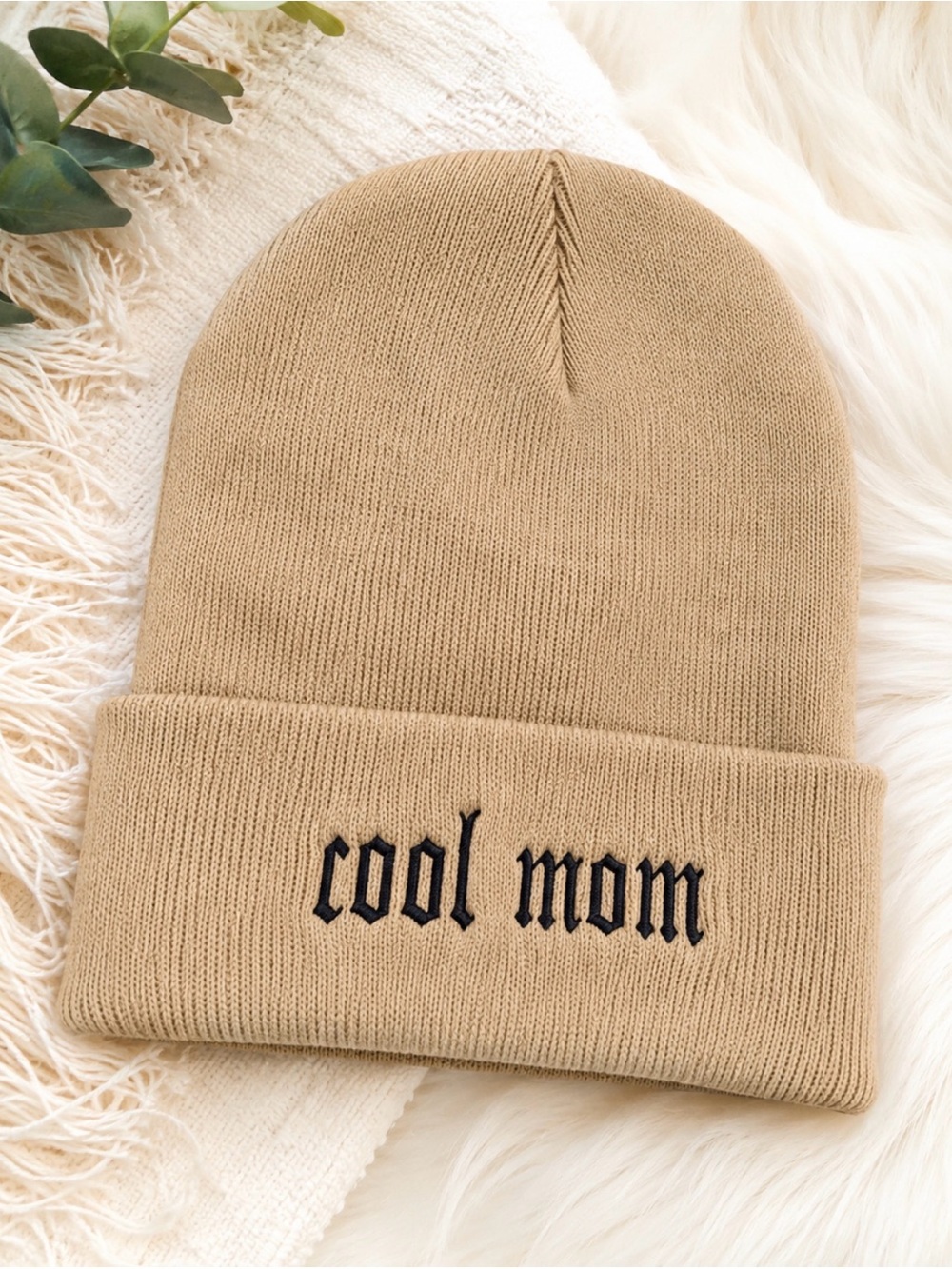 Cool Mom Embroidered Knit Beanie Beige Cuffed Winter Hat One Size